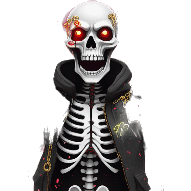 White skeleton zombie person covered in golden chains and black graffiti scribbles and red and silver doodles wings made of neon lightning snowing snowflakes emoji