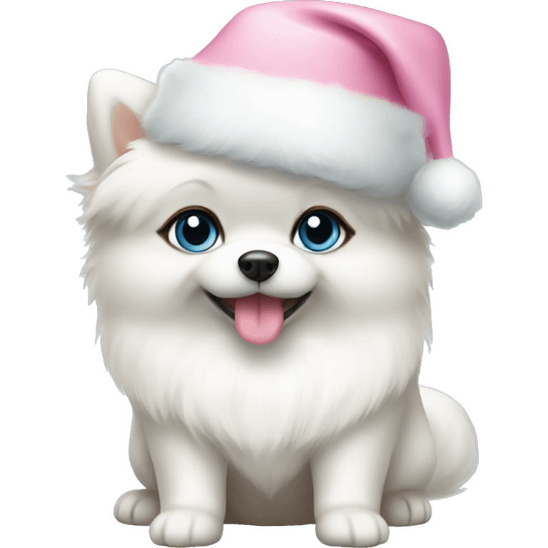 white pomeranian puppy full body light blue eyes pink christmas hat on emoji