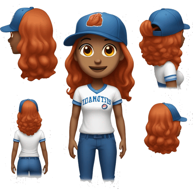 front facing, standing female coach with long red hair, wearing a white t-shirt and a simple blue baseball hat emoji