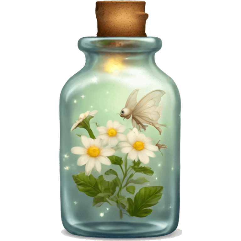 White magic fairy light sparkling old Antique bottle with poison and with herbal and flowers emoji