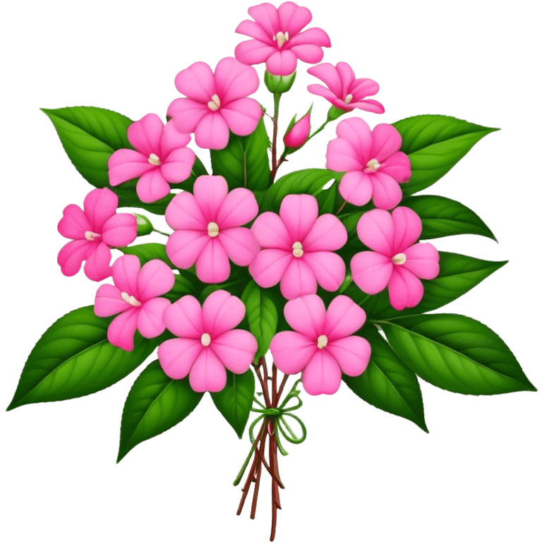 big bouquet pink Impatiens Balsamina flower, stem, leaf emoji