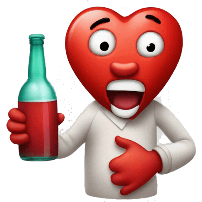 A red heart ❤️ with eyes, a mouth, and hands, looking drunk and tipsy, holding a bottle of drink, with a wobbly and goofy expression emoji