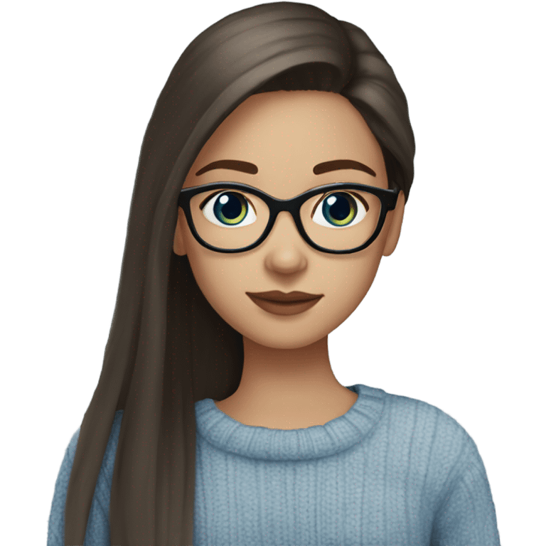 light skin, dark brown hair, blue eyes, long straight hair, girl wearing aesthetic sweater, glasses emoji