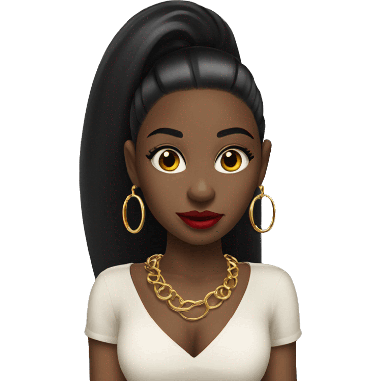 Black girl with long black straight hair and red lipstick with gold hoop earrings and and a gold necklace  emoji