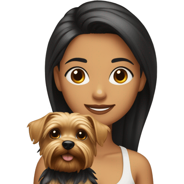 Chica morena paseando con dos yorkshire terrier negros emoji