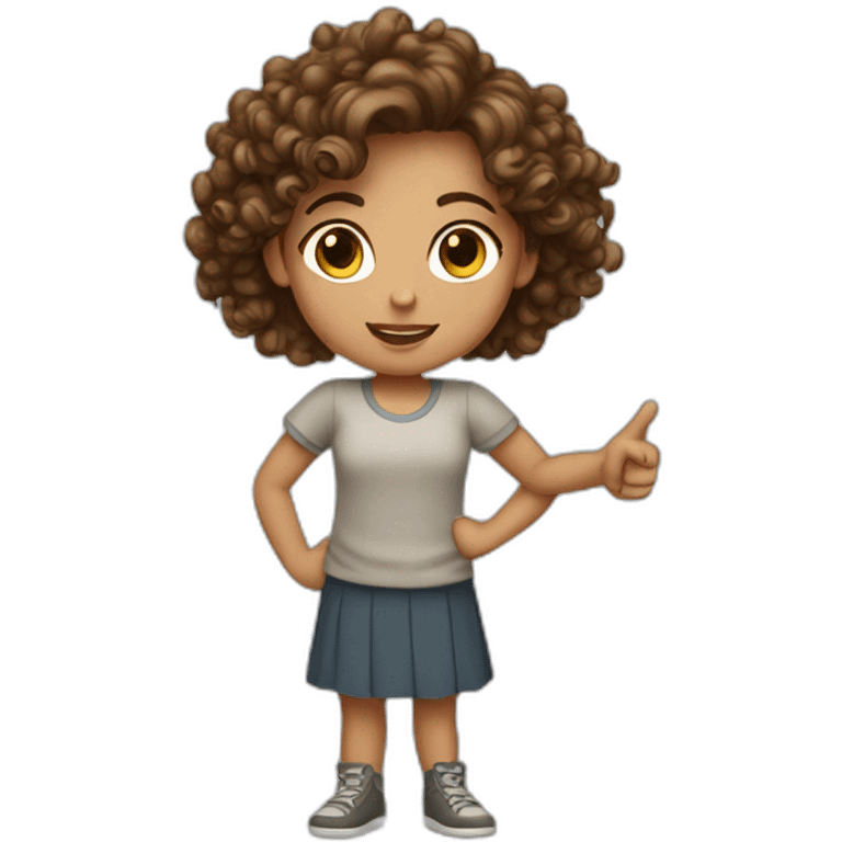 a girl with curly brown hair with pointing finger emoji