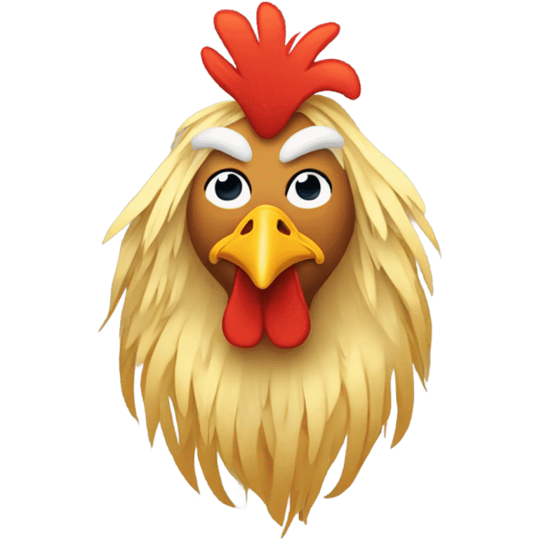 A Rooster wearing a wig of long blonde hair emoji