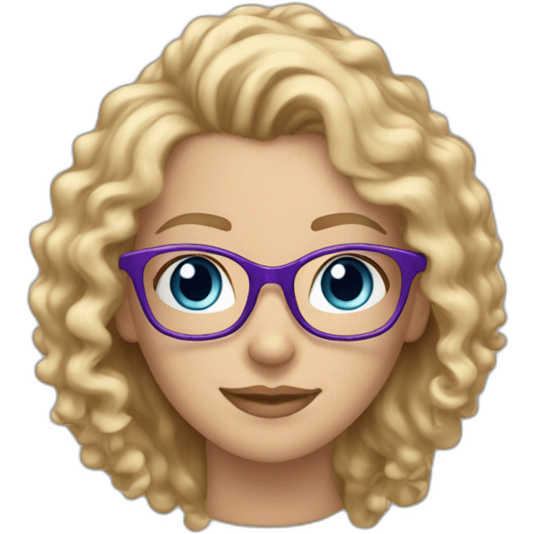 caucasian curly blonde long haired blue eyed woman with purple t-shirt and black glasses emoji