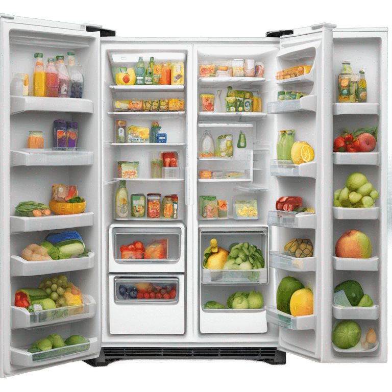 A white double door fridge with both doors open. Inside it has shelves with fruit and vegetables in organized containers. Also clear bottles filled with juices that is organized emoji