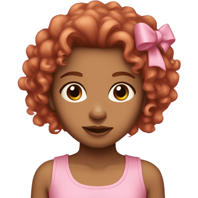 girl with light brown skin, curly red hair and brown eyes wearing a cute pink top with a bow in her hair emoji