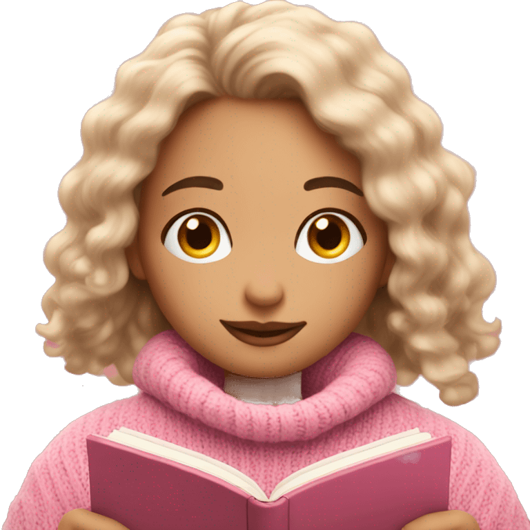 Pretty girl with pink sweater reading cozy emoji