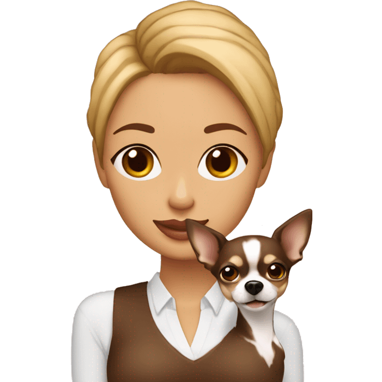 mujer con pelo  corto café claro y su perro Chihuahua emoji