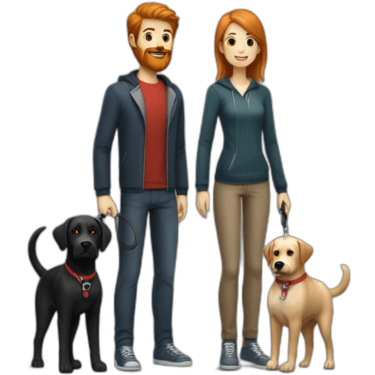 a handsome, slender man in a  sporting a red beard and wear casual outfit, standing next to a black Labrador dog, holding it on a leash emoji