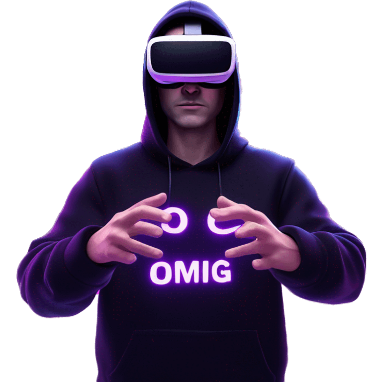 Russian man wearing a black hoodie with "OMG" letters on it and VR headset oculus quest 2 in a cyberpunk VR environment with violet neon lighting. Showing direction with hand emoji