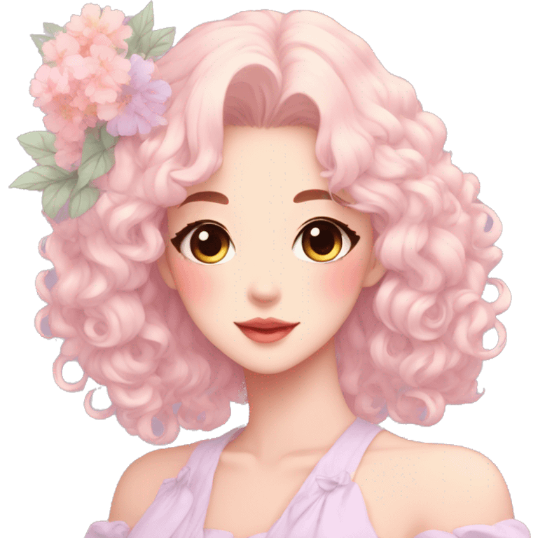 Gorgeous pastel anime style lady with blushing face and flowers aesthetic trending style emoji