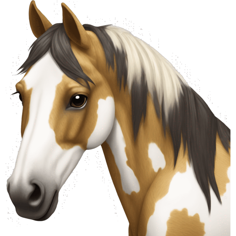 Scruffy scarred scratched Piebald tricolor palomino yellow brown horse with dark brown spots running emoji