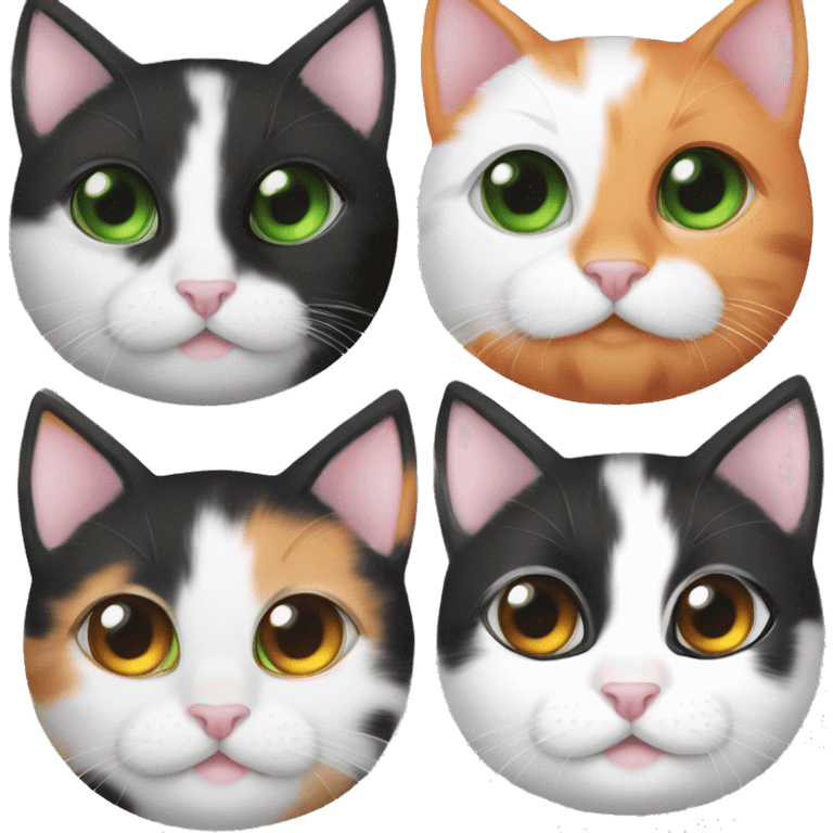 One Black White orange kitten with orange and black spots  Green eyes, pink nose  Black spot on left eye  Orange a big spot on right eye  On all four paws emoji