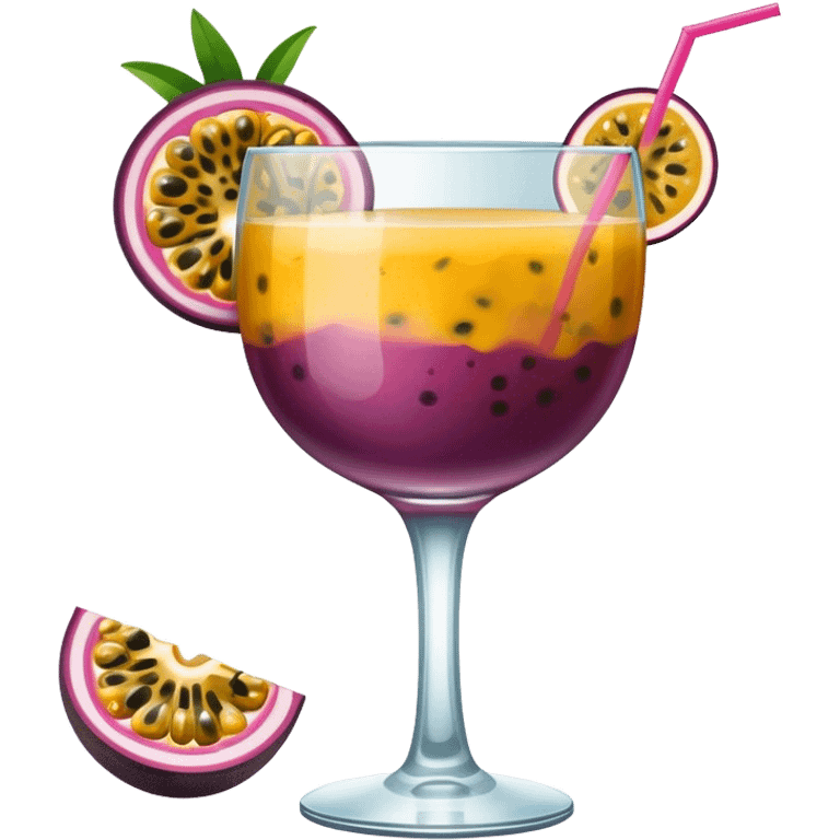 Passionfruit cocktail, half passionfruit in the glass, no straw emoji