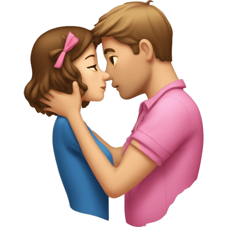 A guy with brown short hair and a girl with brown hair and a pink bow are kissing emoji