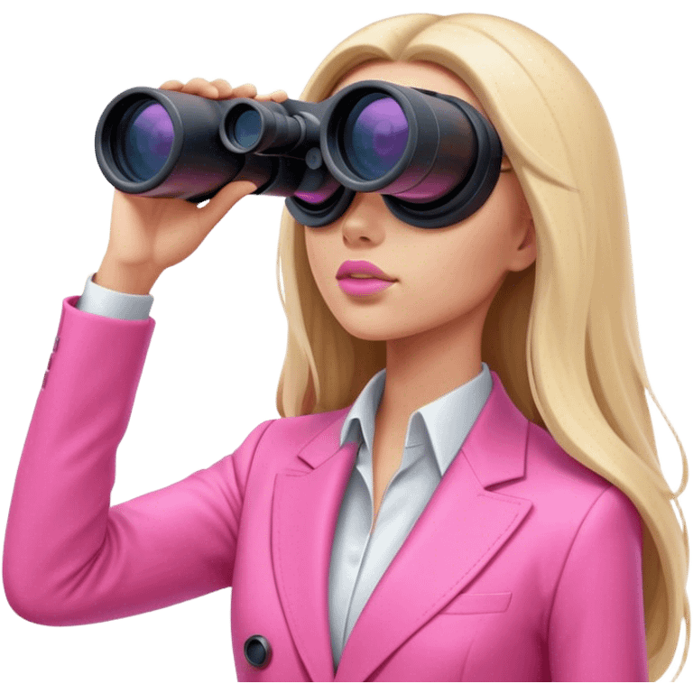 futuristic-looking woman with long hair in an intensive color pink suit looking through binocular, viewed from an angled perspective emoji