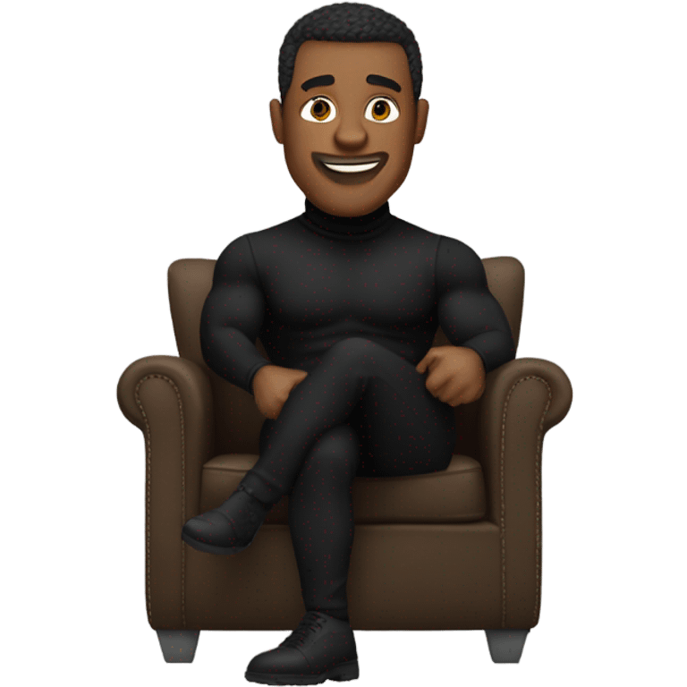 muscle man in black turtleneck shirt and black pants sitting in chair emoji