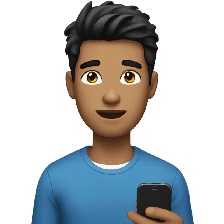 A young man with black hair, wearing a blue top, holding a phone in his hand. emoji