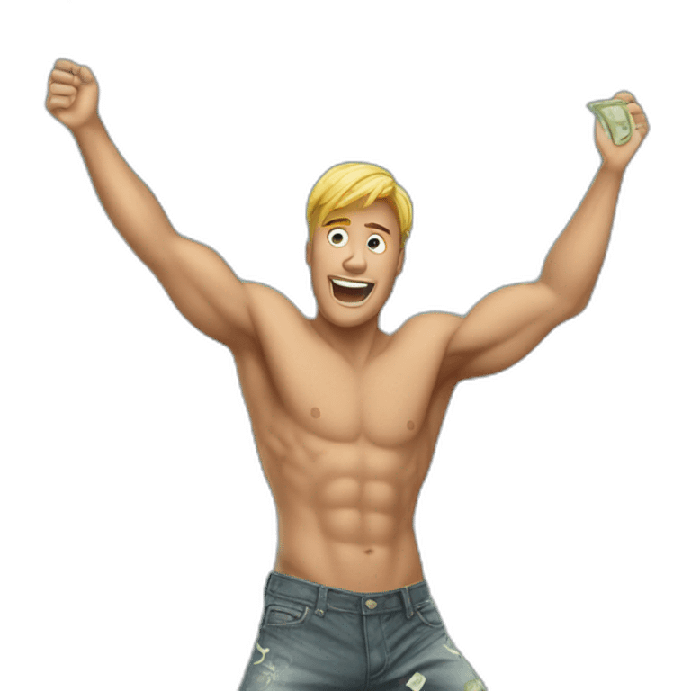 Shirtless guy dancing under raining money  emoji