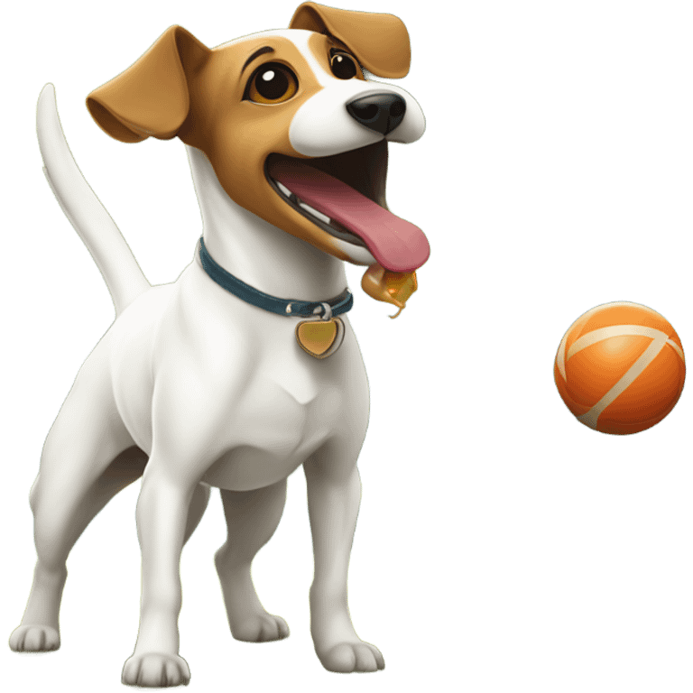 Jack Russel terrier chewing on a ball in a park emoji