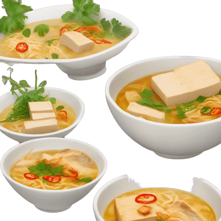 A bowl of laksa soup with tofu , chicken   emoji