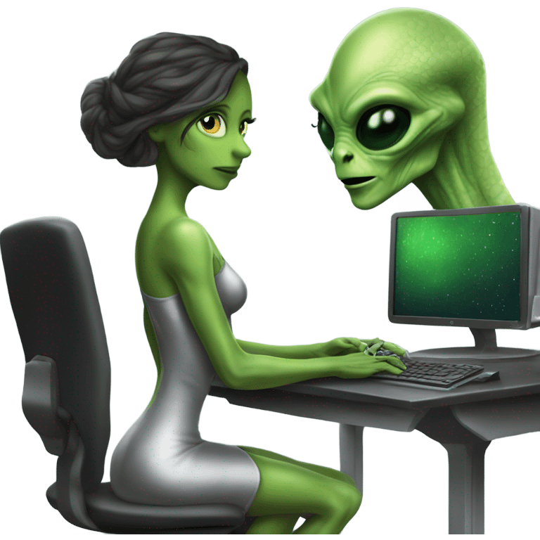 Green Alien reptilian woman in silver dress, full figure, working at computer  emoji