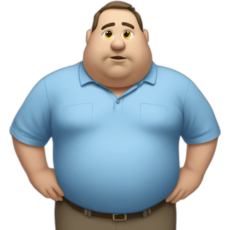 fat man in a blue shirt standing in front of a whiteboard emoji