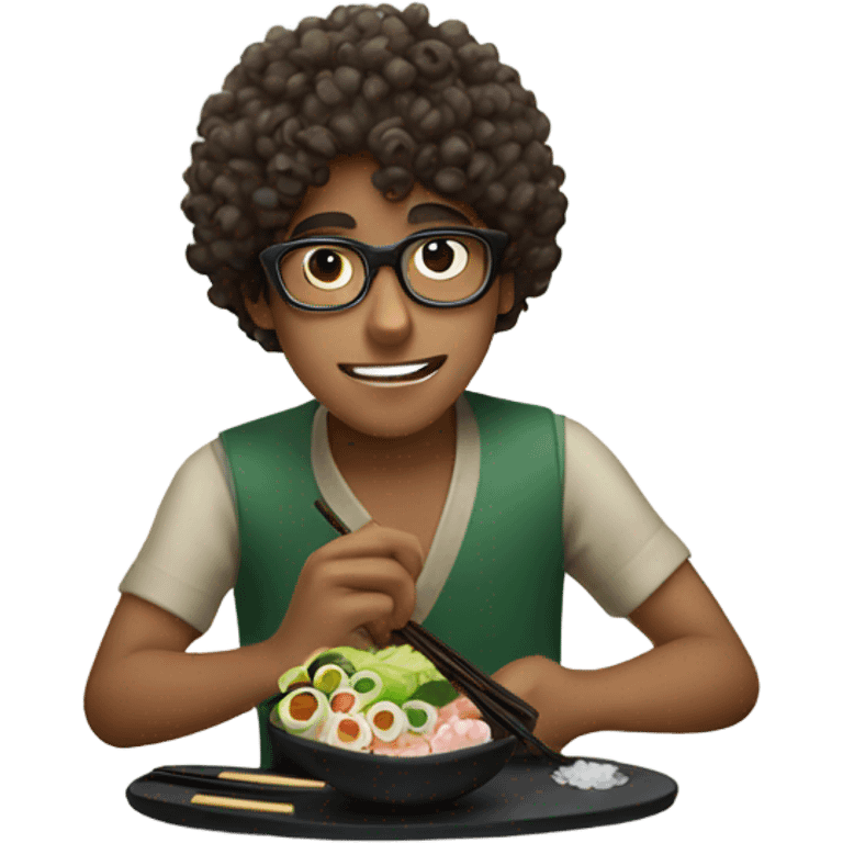 curly haired indian boy with glasses eating sushi emoji