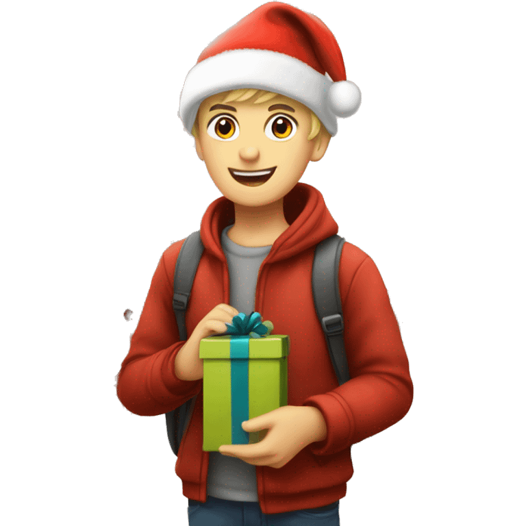 German boy going christmas shopping, buying a lot of gifts, wearing warm clothes and a christmas hat emoji