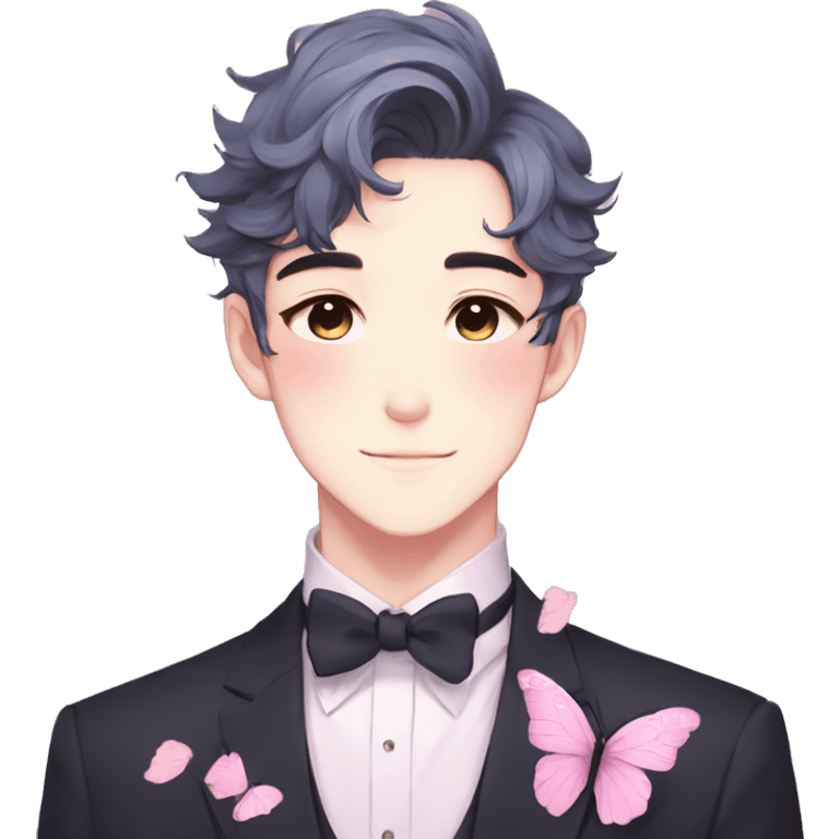 Gorgeous pastel anime style gentleman with blushing face and butterflies aesthetic trending style emoji