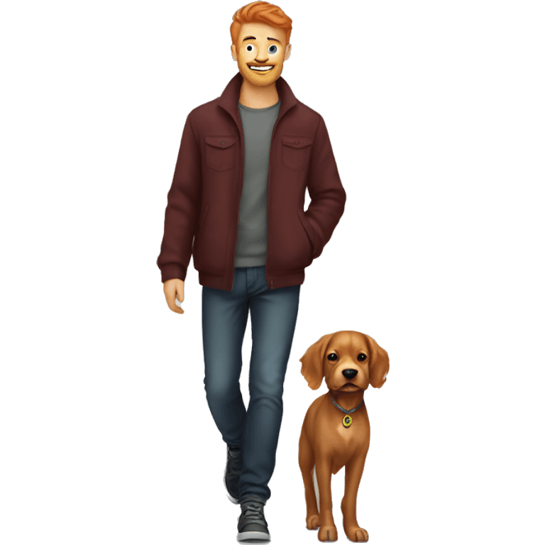 red coloured hair dog and young man dark blond walking  emoji