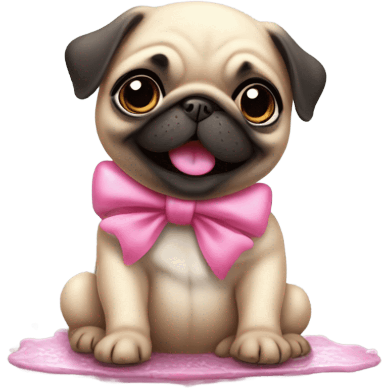 Baby pug with big pink
eyes wearing a pink bow above 1 ear sitting in a puddle   laughing  emoji