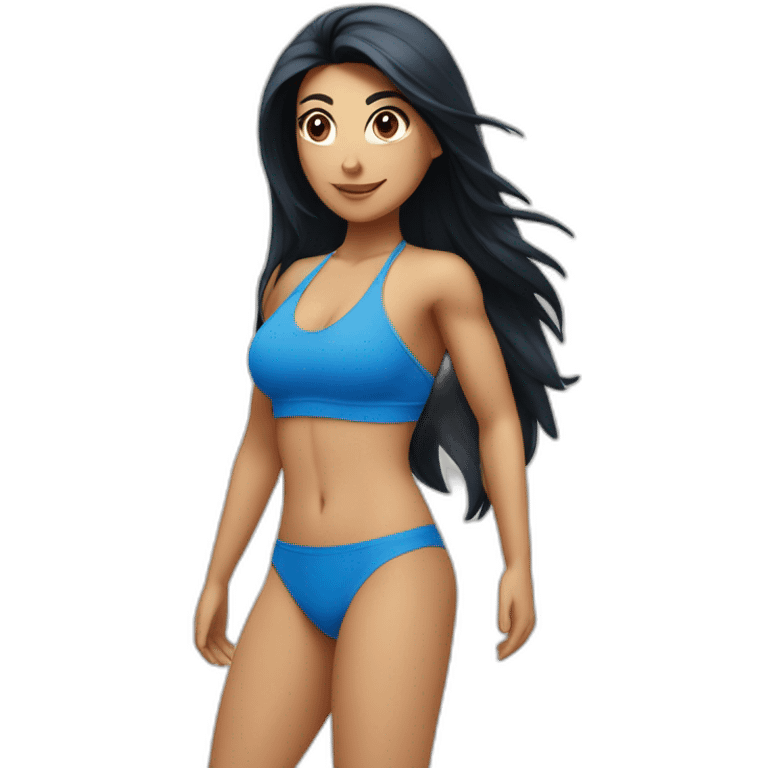 Spanish woman with long black hair, in a blue fitness bikini, with a number 5 circle button p emoji