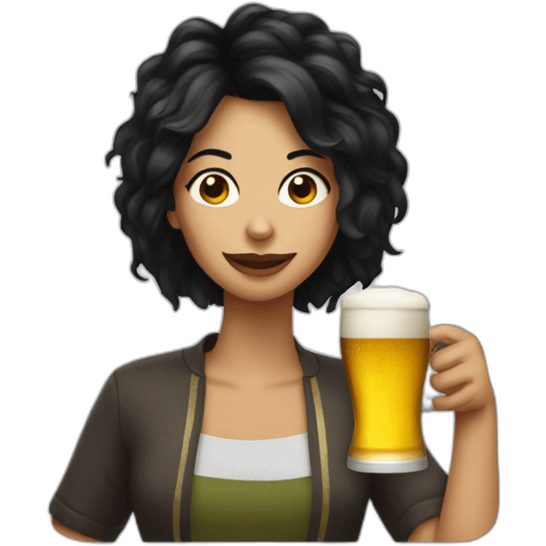 a woman with wacky black hair drinking a beer emoji