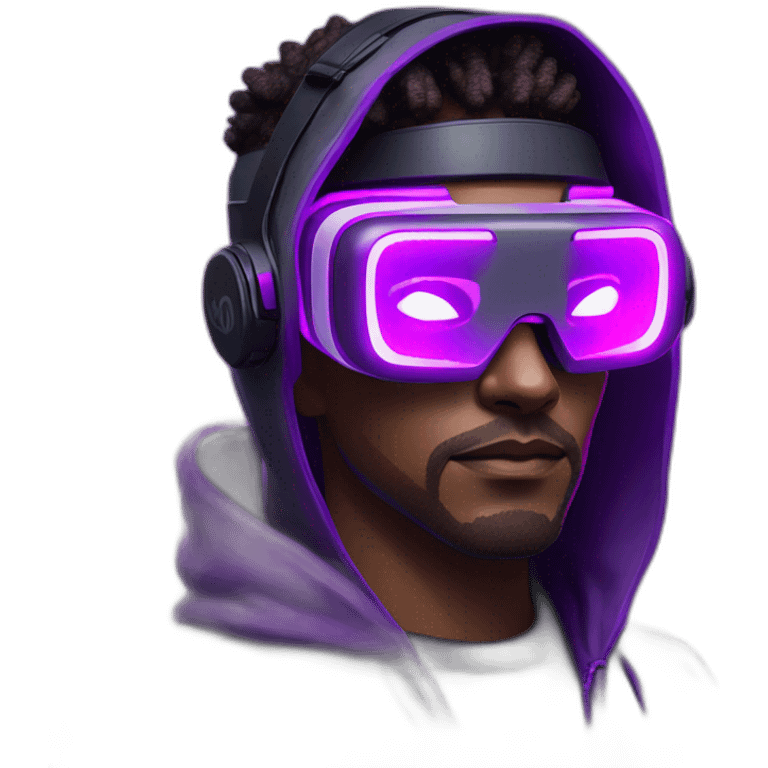 Cyberpunk style. Violet neon. Man with light skin in the black hoody with violet OMG VR logo on it wearing vr headset oculus quest 2 emoji