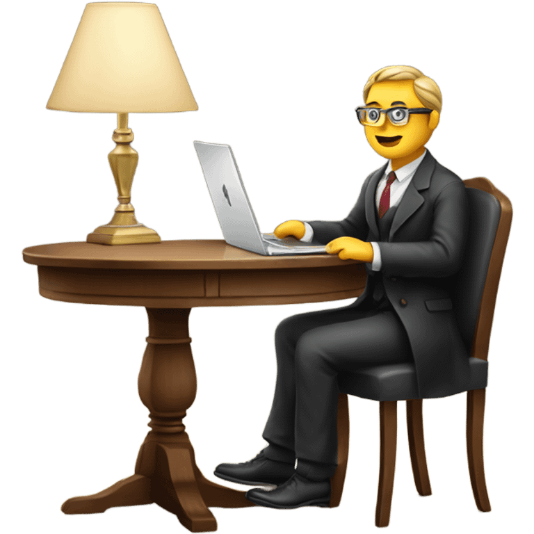 Rich man working setting on a chair and near the table with laptop he is German  emoji