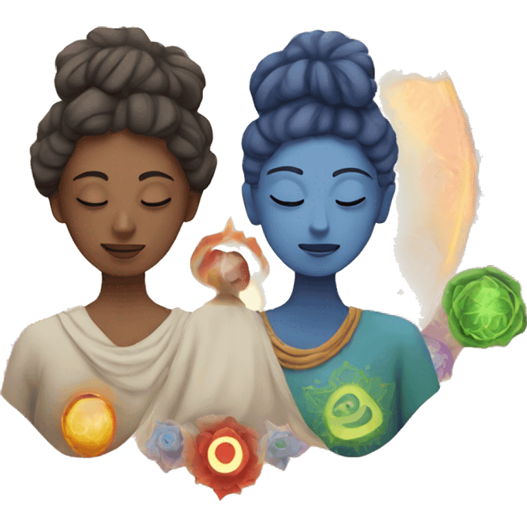 Man and woman lovers with 7 chakra symbols meditating emoji