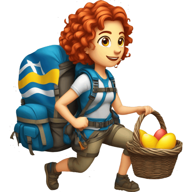 Female winter mountain climber red wavy hair climbing with Greek flag on backpack and holding Easter eggs basket emoji