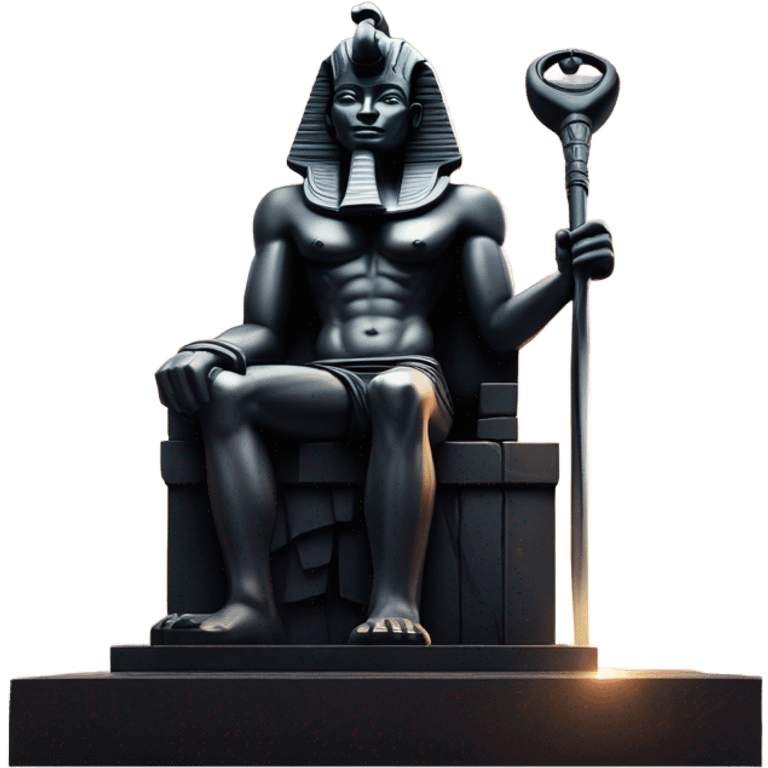 Osiris crook and flail obsidian statue on granite 30 ton brick, massive size, sunlight behind, sunset colors, reflections on black stone polished clean perfect, photography angles emoji