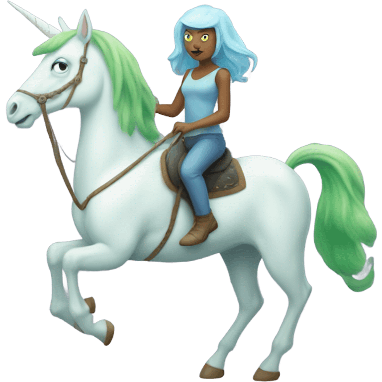 [politically incorrect
	{ woman: alien, color: light green, hair:red, eyes:cat} ]
	on a 
	[{ unicorn: white, legged:four, mane: light blue }] emoji