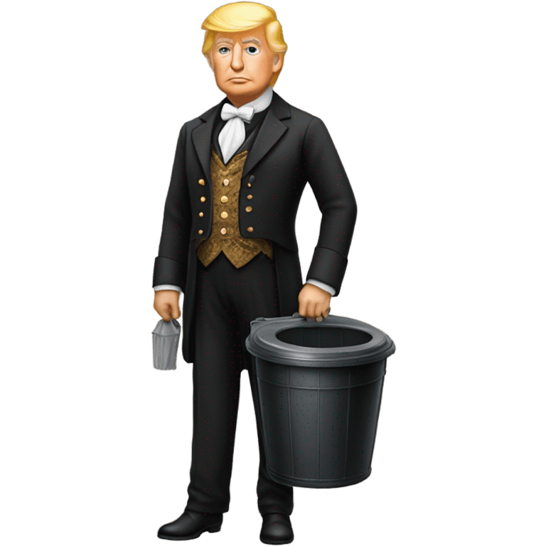 trump in Victorian dress elegant, full body, holding a trash bidon emoji