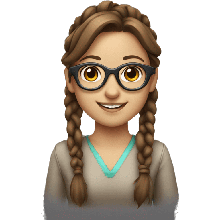 Brown haired young lady with long pigtails, futuristic glasses and a smile emoji