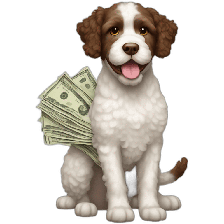 A Lagotto Romagnolo holding bills emoji