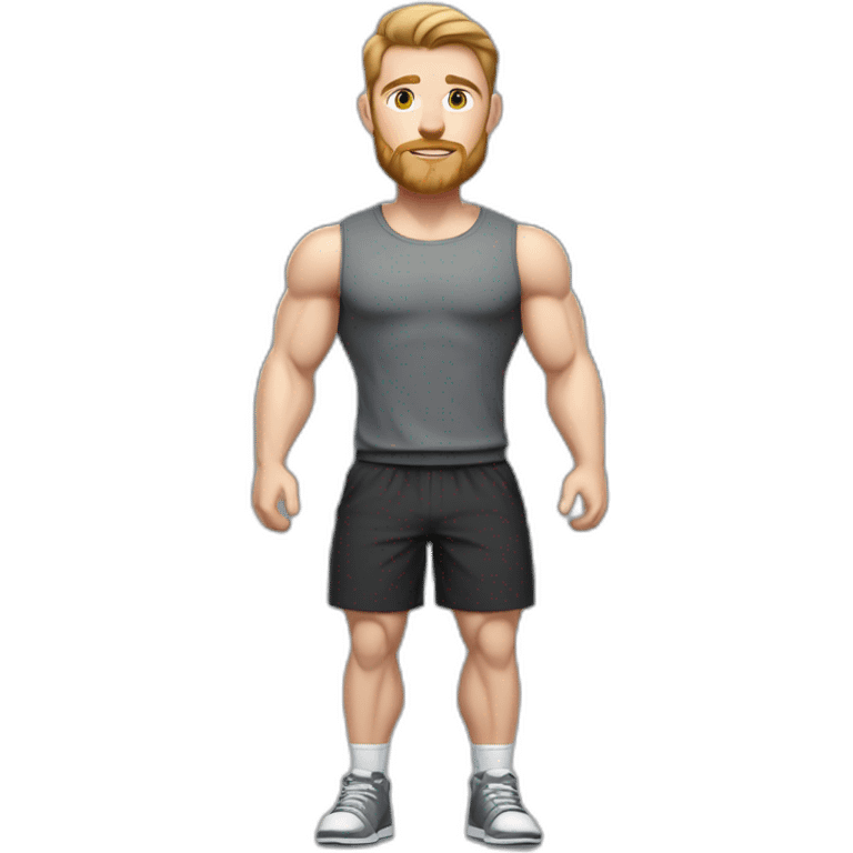 Full height Pale skinned fit man With biceps, Realistic eyes, light brown hair and very short beard In dark gray sleeveless mike, black oversize sports shorts, watch and white sneakers. emoji