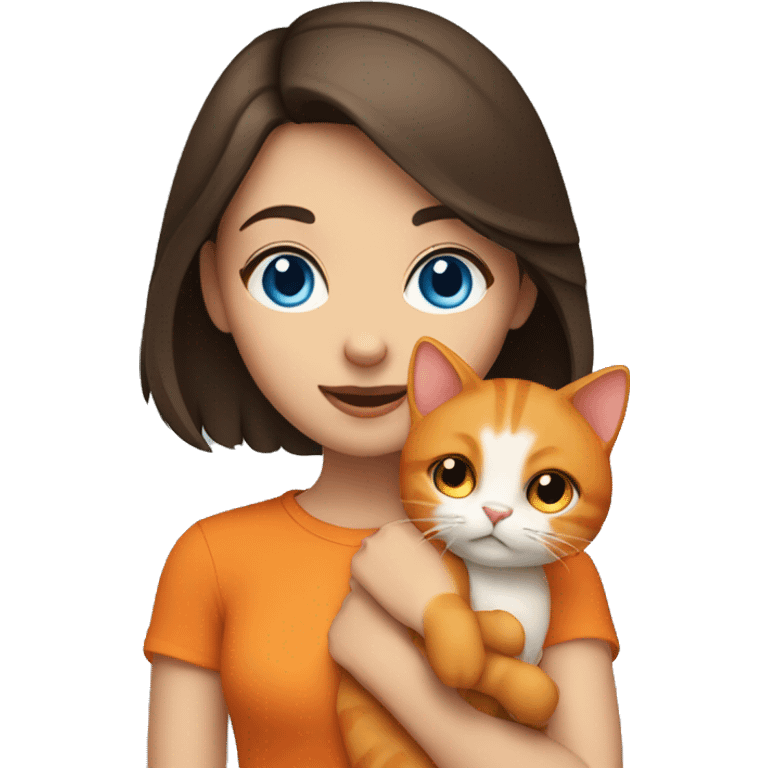 brunette girl with blue eyes holding orange cat emoji