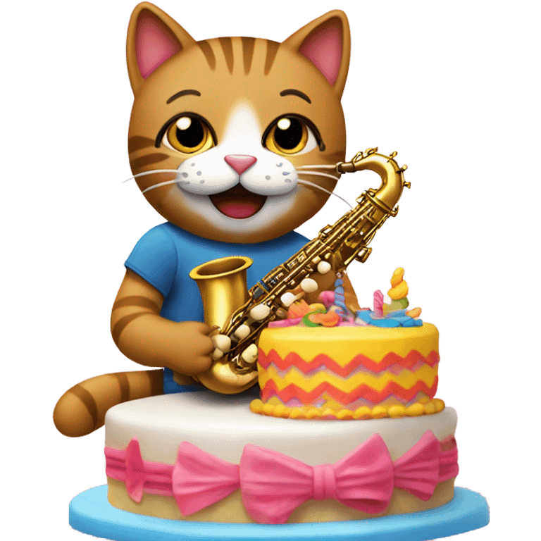 Cat playing saxophone with a birthday cake emoji